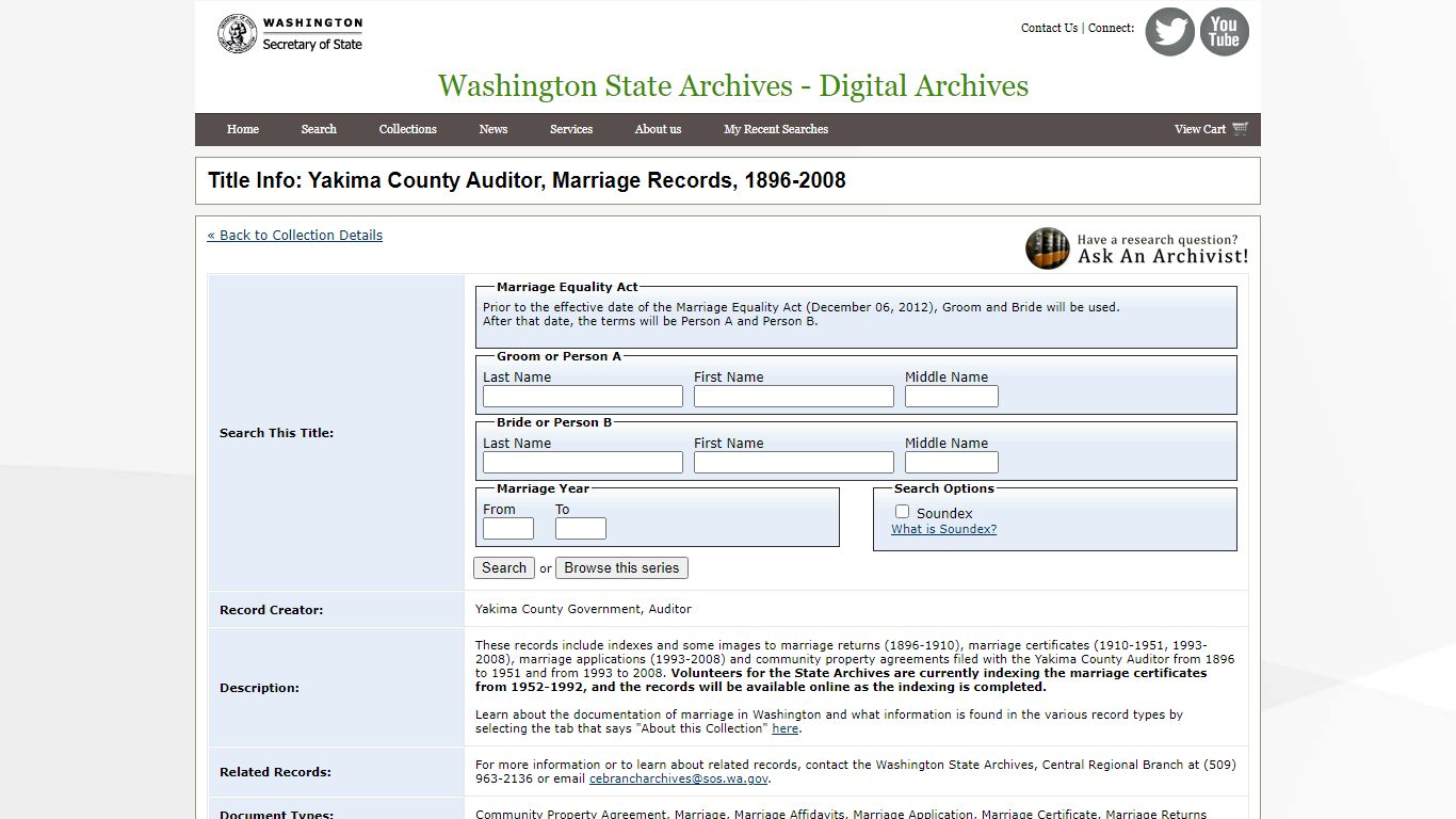 Title Info: Yakima County Auditor, Marriage Records, 1896-2008